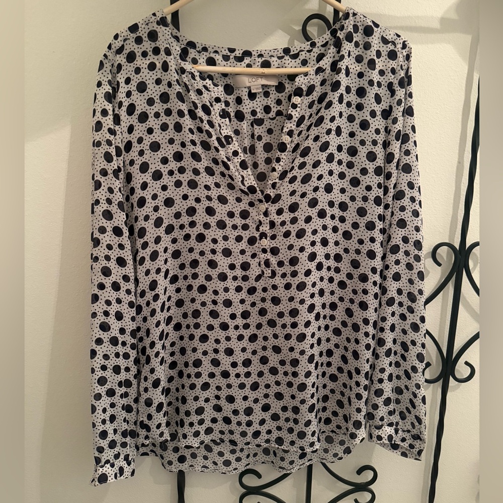 Ann Taylor LOFT Sheer Polka Dot Printed Long Sleeve Blouse - Medium